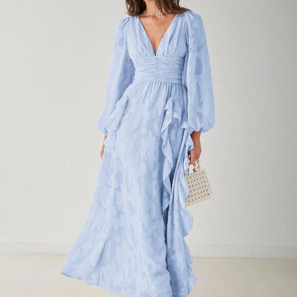 Baby Blue Elegant Women's Romantic Floral V-Neck Long Sleeve Maxi Dress - Picture 6 of 8